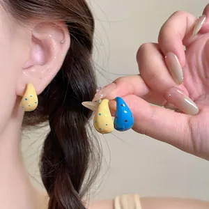 Sweet Sweet Summer C-Shape Stud Earrings Alloy Drop Glaze Polka Dot Earring With Silver Earring Post For Women Fashion Jewelry