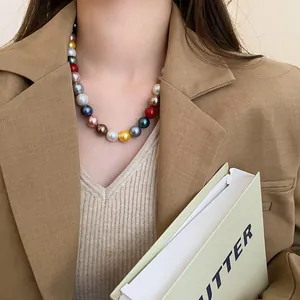 Vibrant multi-colored round pearl necklace in dopamine style for a chic lifestyle look