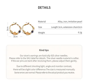 Comprehensive material and size details for floral drop oil pearl hoop earrings.