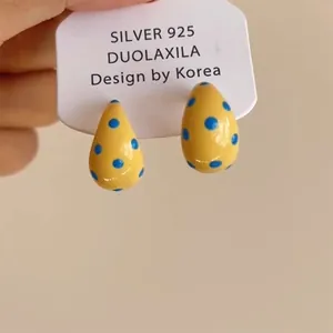 Sweet yellow enamel drop earrings with blue polka dots on silver 925 needle base