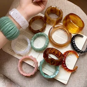 Vintage Acrylic Marble Texture Oval Open Bangle Bracelet For Women Retro Resin Tortoiseshell Geometric Fashion Hand Jewelry