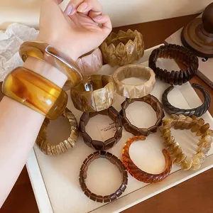 Amber and tortoiseshell resin bangles set, stylish patterned open bracelets for women