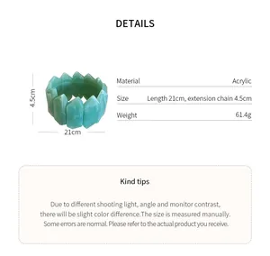 Detailed specs for green marbled chunky acrylic bracelet showing dimensions and weight info.