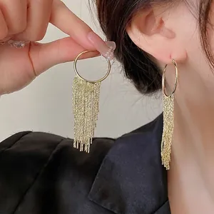 Fashion Copper Electroplated Geometric Hoop Tassel Drop Earrings For Women Personalized Minimalist Metal Tassel Earrings Jewelry