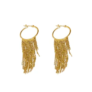 Elegant gold-plated fringe hoop earrings featuring a minimalist cascading chain design.