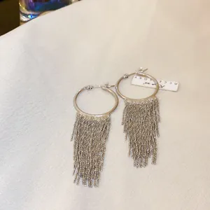 Detailed macro view of elegant silver-toned geometric fringe tassel earrings for women