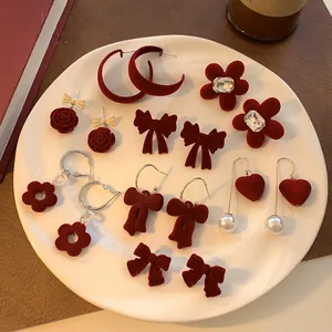 Vintage Red Velvet Bow Heart Flower Earrings for Women 925 Sterling Silver Post Artificial Pearl Rhinestone Drop Earrings