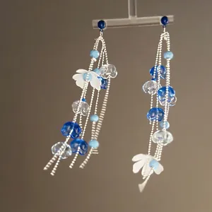 Fresh Floral Acrylic Tassel Dangle Earrings for Women Blue White Flower Drop Earrings with Silver Earring Post Jewelry