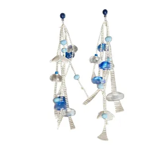 Elegant blue acrylic flower tassel earrings with silver needles for a modern chic look