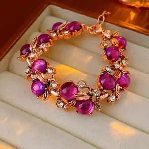 Vintage court style rose gold bracelet with purple beads and exquisite rhinestone inlay