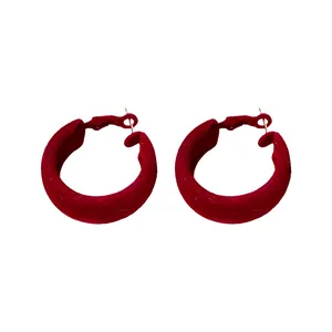 Elegant minimalist dark red flocked hoop earrings with silver needles for women's fashion