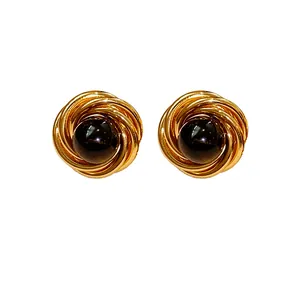 Orecchini a perno vintage placcati oro con pietra occhio di tigre tonda a spirale