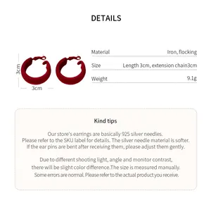 Comprehensive product specifications and care tips for red flocked hoop earrings.