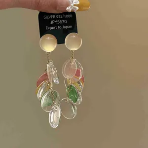 Colorful geometric shell tassel earrings with translucent resin charms on silver pins.