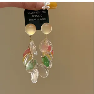 Colorful geometric shell tassel earrings with silver needles for a fresh vacation style