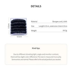 Black fabric bungee hair ties set of 5 with detailed material and size parameters.