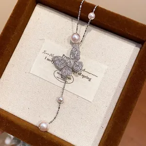 French style zircon butterfly pearl necklace with elegant silver-colored chain
