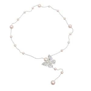 Elegant zircon butterfly pendant necklace with pearls on a silver-toned chain
