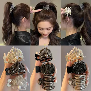 Sparkling crown hair claw clips with heart and pearl details for high ponytail hairstyle