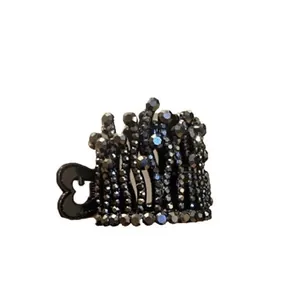 Black crown-shaped hair claw clip decorated with rhinestones and heart handle.