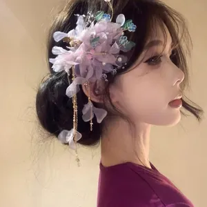 Sweet Sweet Mori Style Fabric Mesh Flower Tassel Hair Clip For Women Bohemian Vacation Floral Duckbill Clip Headwear Accessories