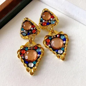 Vintage Palace style heart-shaped gold earrings with colorful crystals and faux pearls