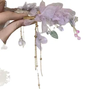 Elegant lavender mesh flower hair clip with gold tassels and leaf beads for women