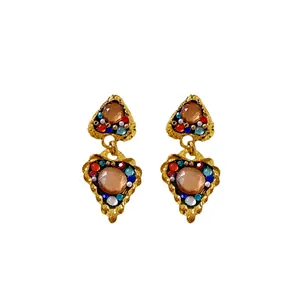 Vintage court style gold heart-shaped dangle earrings with multi-colored crystals