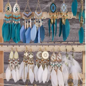 Bohemian Ethnic Long Feather Drop Earrings For Women Vintage Alloy Tassel Geometric Dangle Earrings Vacation Jewelry Gift