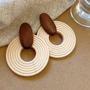 Detail view of bohemian wood earrings with spiral texture and oval studs