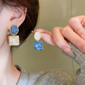 Pendientes de Botón Cuadrados Geométricos Irregulares Vintage de Resina con Ondulación Brillante Cobre con Poste de Plata de Ley 925 Joyería Mujer