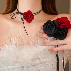 Handmade Fabric Rose Choker Necklace With Leather Braided Long Rope Floral Neck Chain For Women Sweet Cool Jewelry