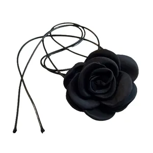 Elegant black fabric rose choker necklace with thin adjustable woven cords for women.