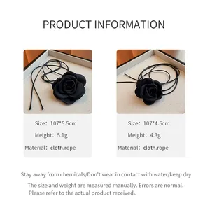 Product specifications for a handmade black fabric rose necklace with adjustable rope
