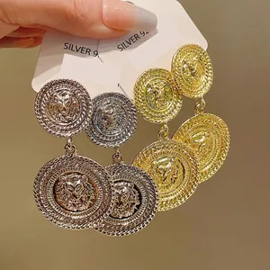 Exaggerated Retro Alloy Lion Head Relief Stud Earrings With 925 Sterling Silver Earring Post Gold Geometric Round Dangle Earrings For Women Niche High End Jewelry
