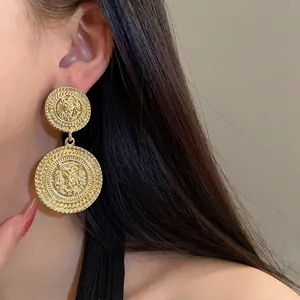 Vintage gold lion head oversized double round drop earrings, statement jewelry piece