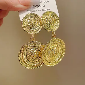 Detailed close-up view of vintage gold lion head relief dangle earrings for women