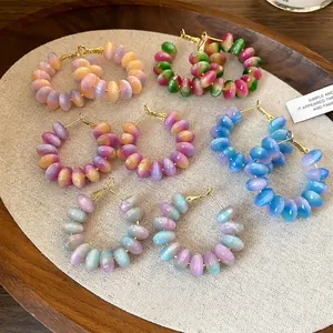 Bohemian Sweet Round Resin Bead Hoop Earrings Silver Post Gradient Multicolor Fresh Jewelry For Women