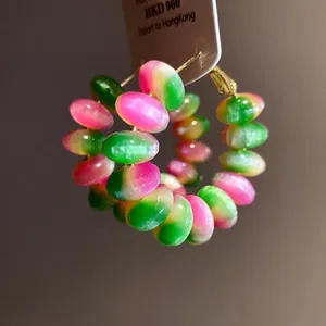 Sweet colorful gradient resin bead hoop earrings with silver needles boutique style
