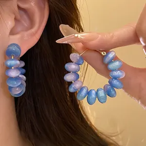 Elegant blue and purple gradient resin bead hoop earrings with silver needles for women