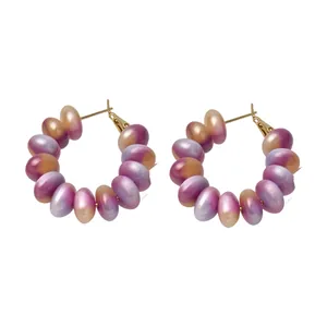 Elegant round resin hoop earrings featuring gradient purple and pink cat-eye style beads