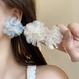 Orecchini a Bottone in Rete con Fiori in Stile Coreano con Perno in Argento Eleganti Gioielli Floreali Bianchi per Donna Festa