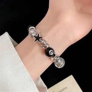 Elegant Korean style beaded bracelet with black star and 8-ball charms for women