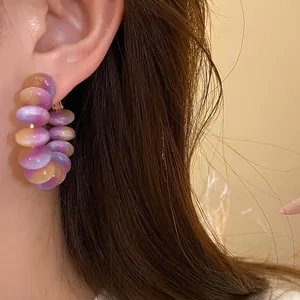 Detailed view of sweet style colorful gradient resin bead hoop earrings worn on ear