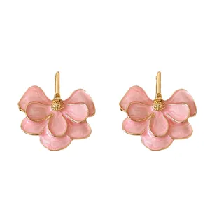 Elegant pink enamel ginkgo leaf flower stud earrings with gold plating and silver needles