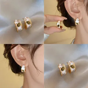 French Retro Gold Plated Alloy Green Rhinestone Artificial Pearl Stud Earrings With 925 Sterling Silver Earring Post
