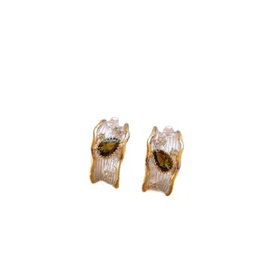 French style zircon pearl stud earrings with green teardrop stone in silver and gold tone