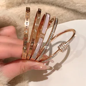 Eleganti bracciali in acciaio al titanio oro rosa con numeri romani e pietre di zircone