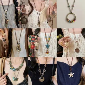 Bohemian Ethnic Woven Floral Pendant Necklace For Women Vintage Handmade Wax Rope Artificial Pearl Tassel Necklace Fashion Jewelry Accessory