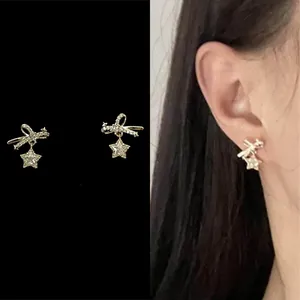 Light Luxury Copper Bowknot Star Stud Earrings With Zirconia Inlaid Silver Earring Post Fashion Elegant Jewelry For Women